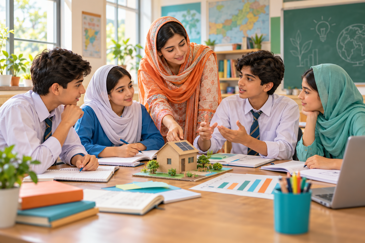 Illustrative scene of Pakistani students and a teacher collaborating on classroom inquiry; girls and teacher wear scarves