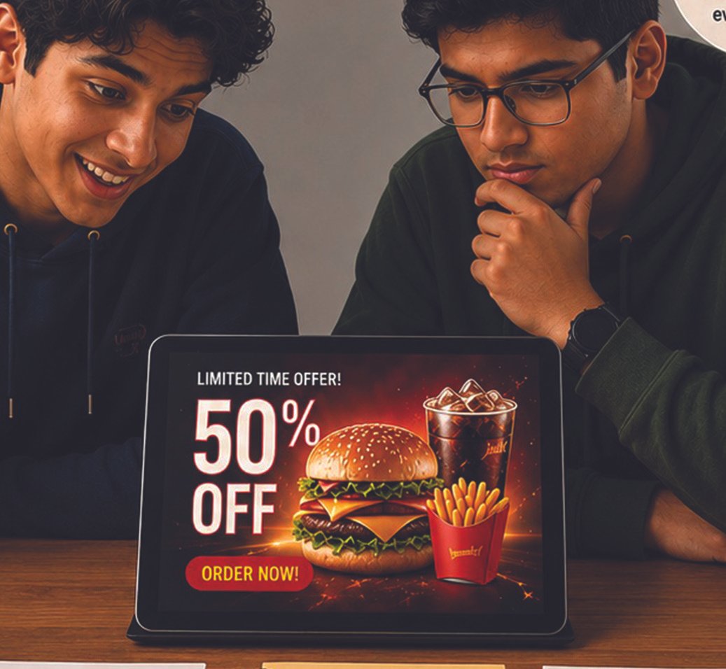Students examining an advertisement in Behind the Message