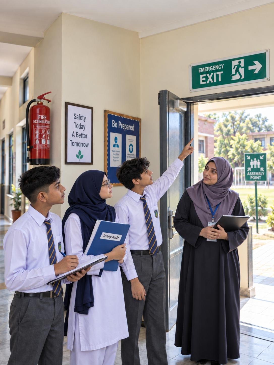 Students and a teacher reviewing their school environment